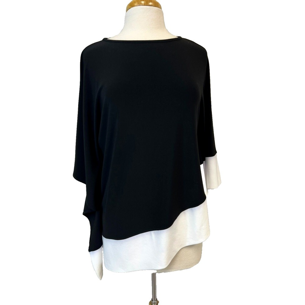 Joseph Ribkoff‎ Black w/White Trim Asymmetric Hem Caftan Top Round Neck SZ S/M